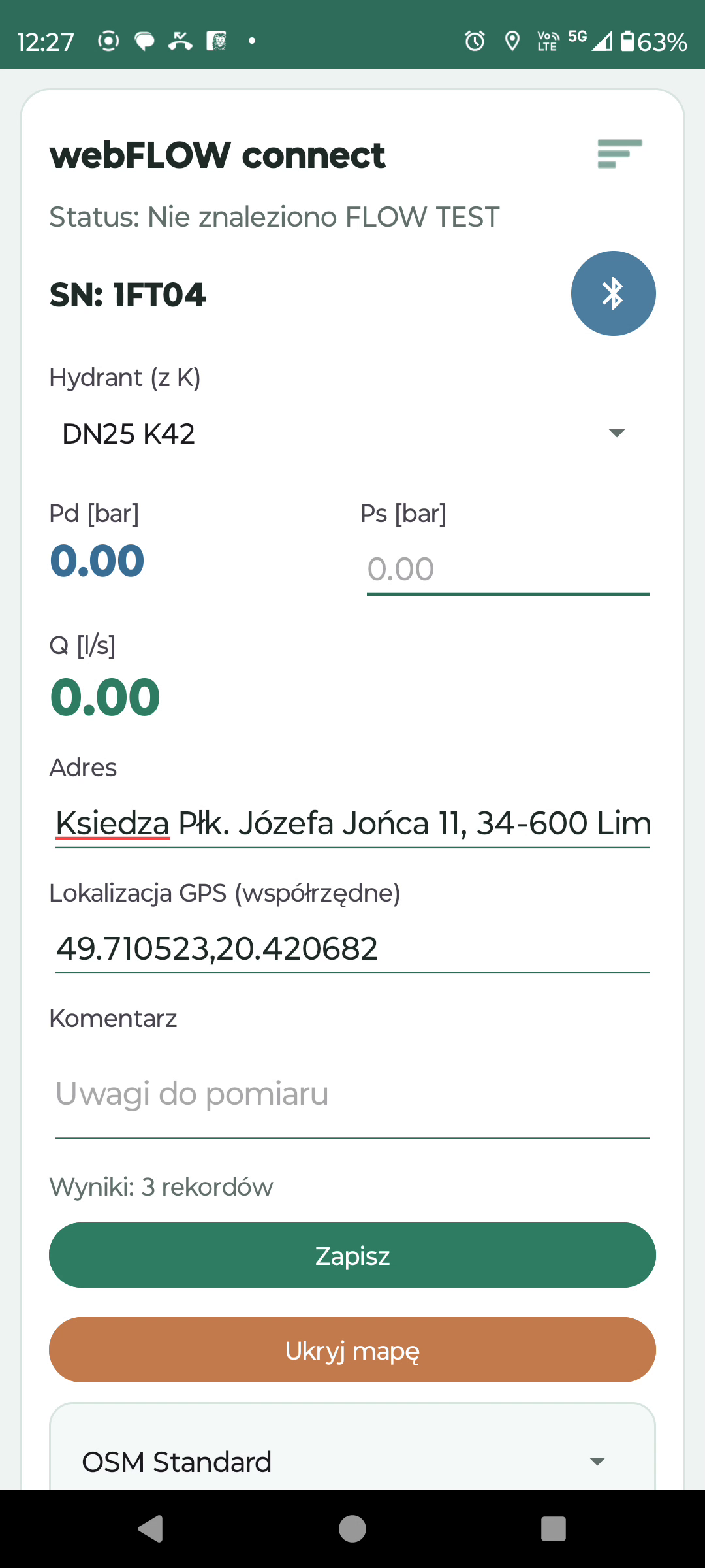 Aplikacja mobilna webFLOW connect do pomiaru hydrantów